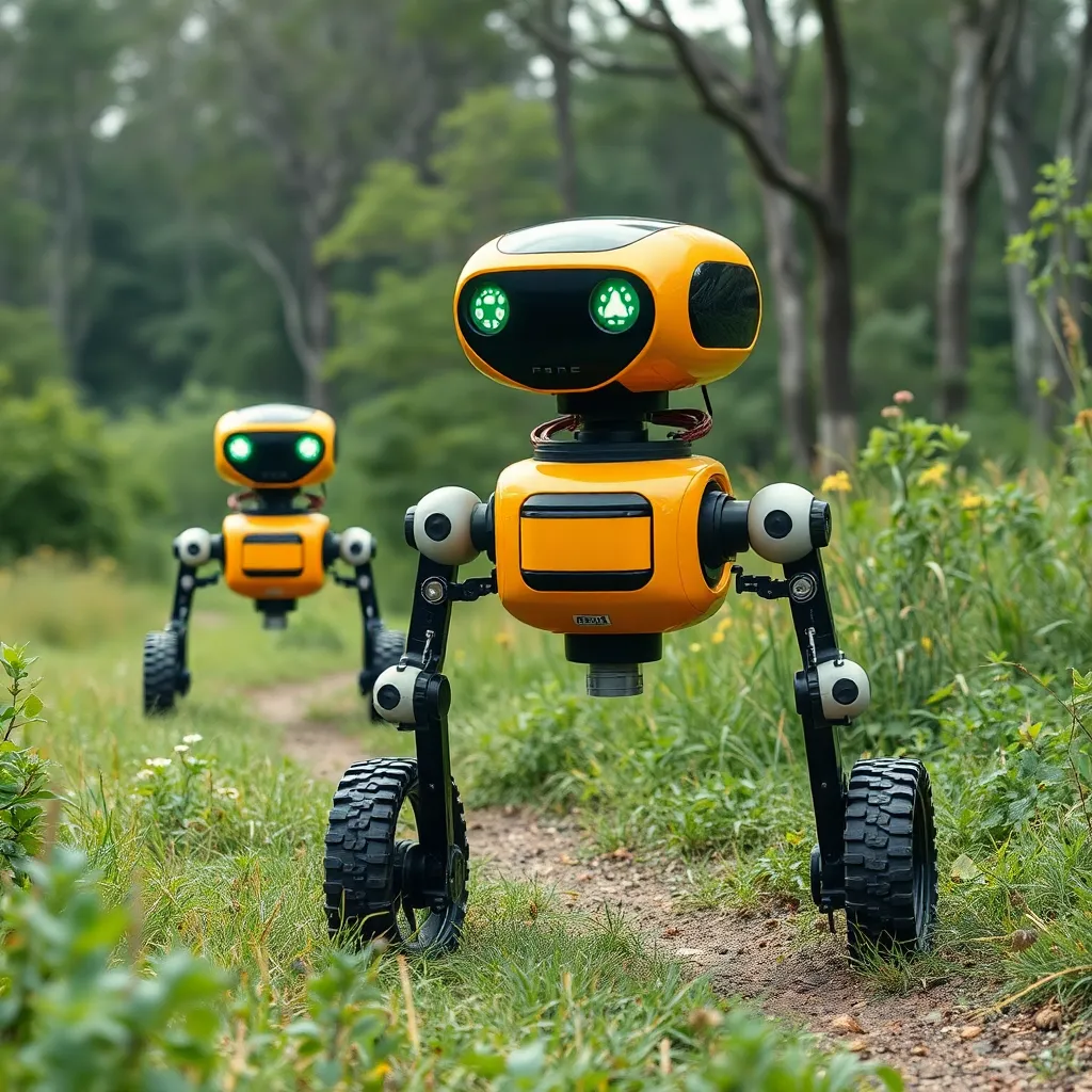 Two small, yellow robots with glowing green eyes walking through a grassy landscape.