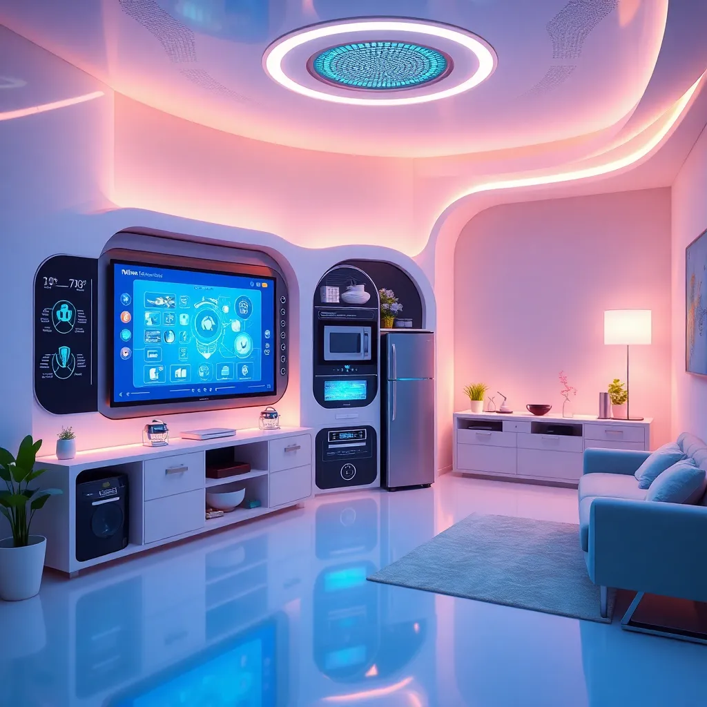 A contemporary living room with a large TV, speakers, and neon lights on the ceiling and walls.