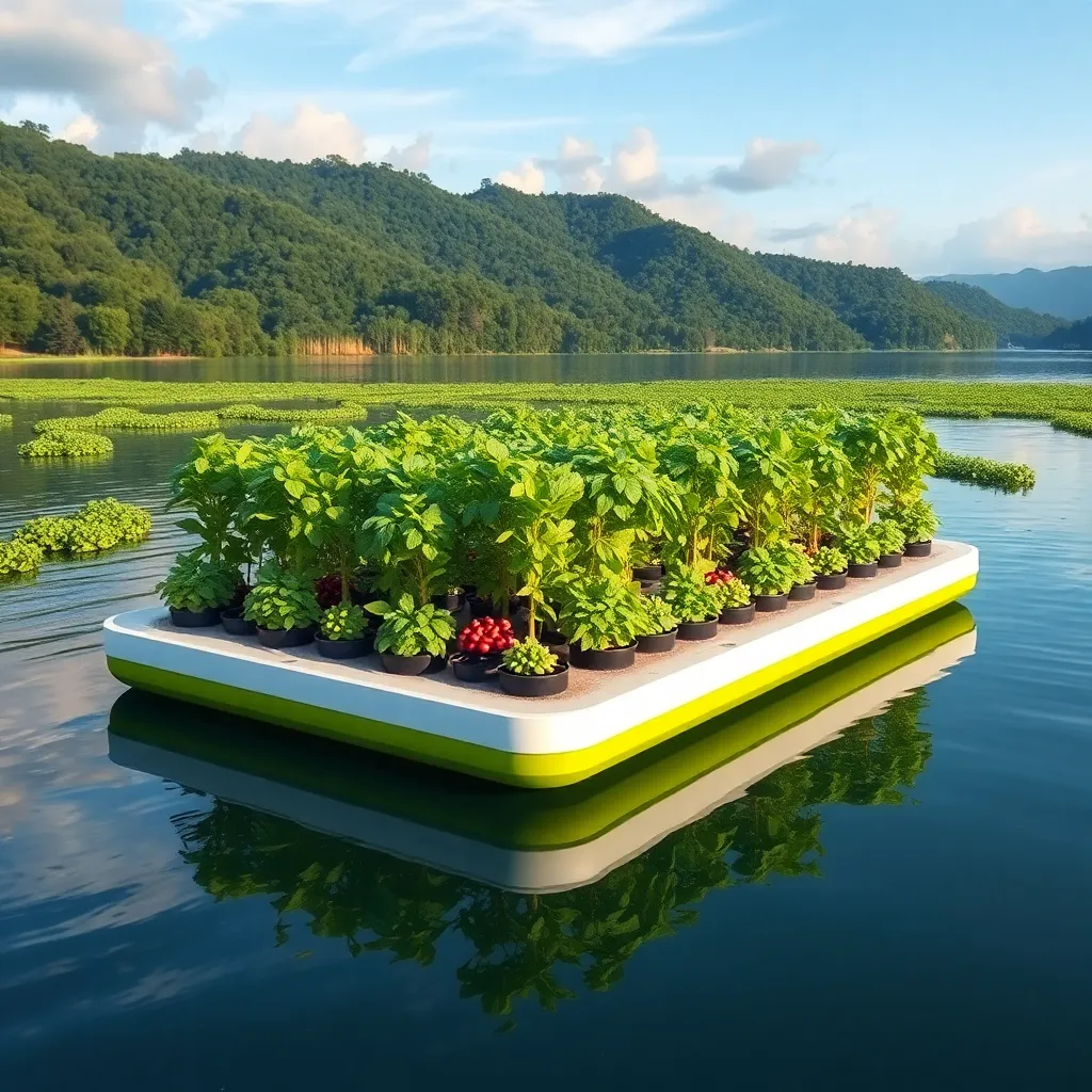 A floating platform with lush vegetation and a small structure, situated on a calm lake surrounded by mountains.