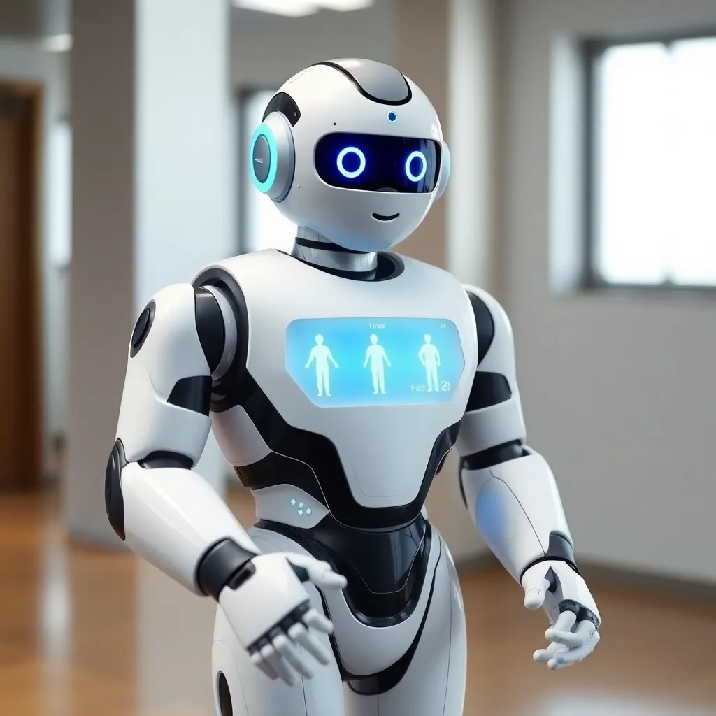 A white, humanoid robot with blue lights on its chest and head standing in a room.