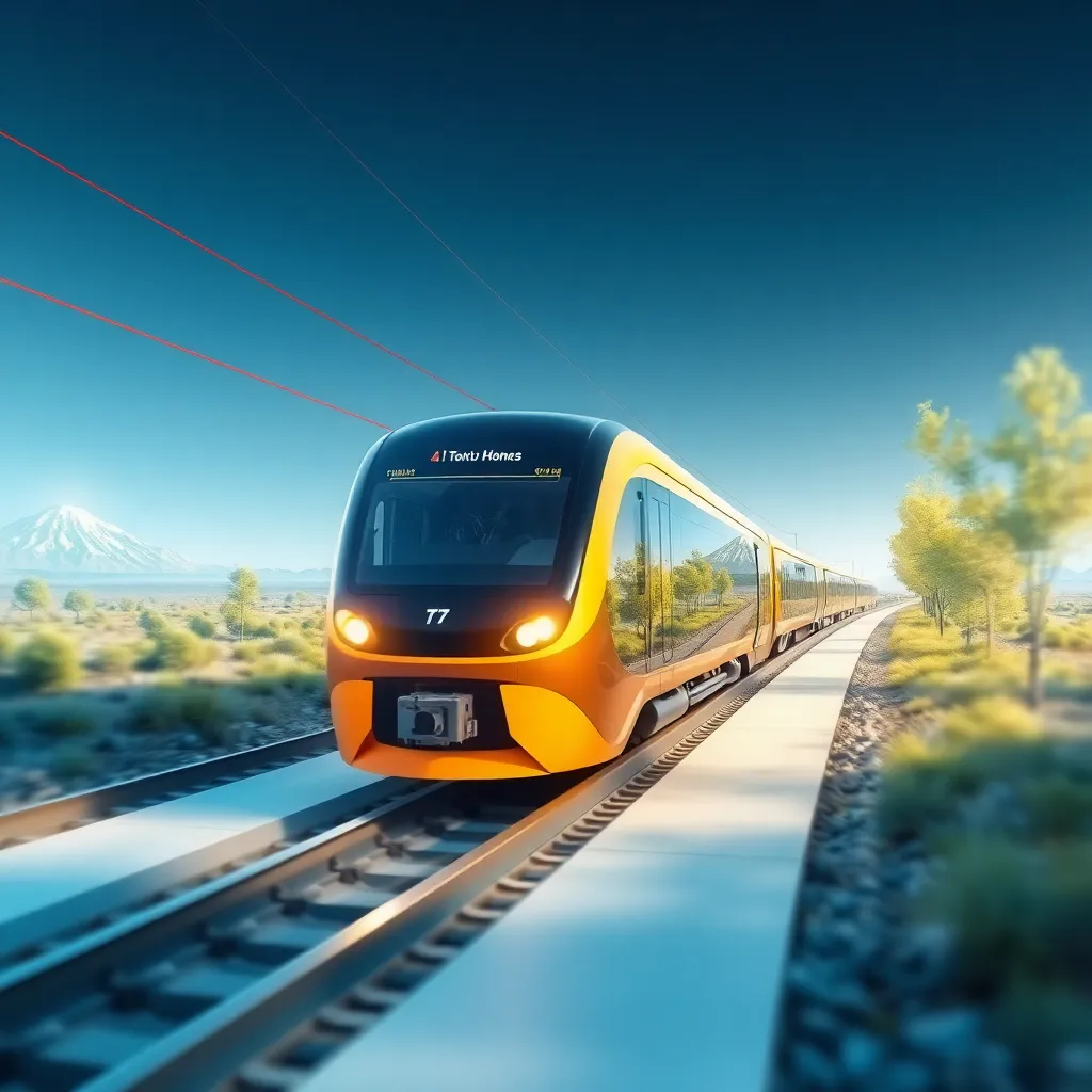 A futuristic orange and black train traveling at high speed on a track.