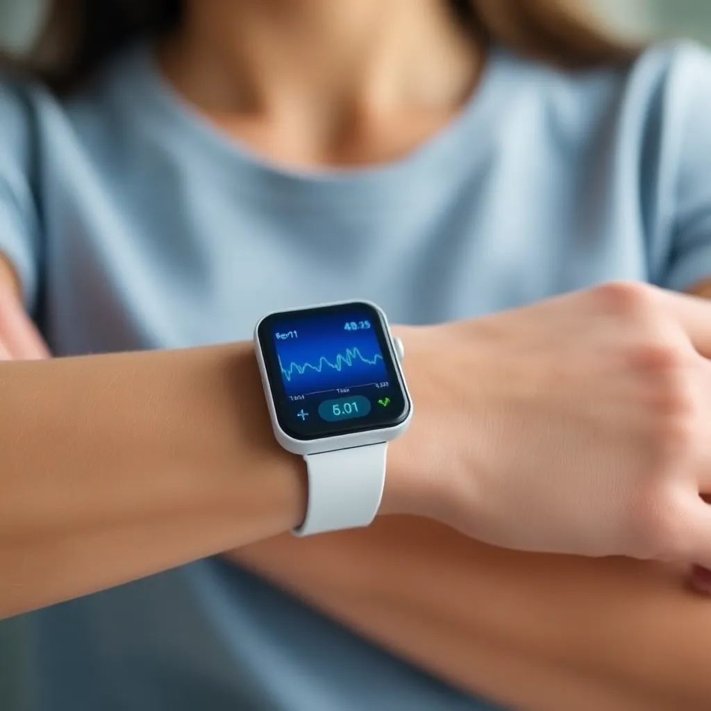 A woman wearing a smartwatch with a blue screen on her wrist, with a blurred background.