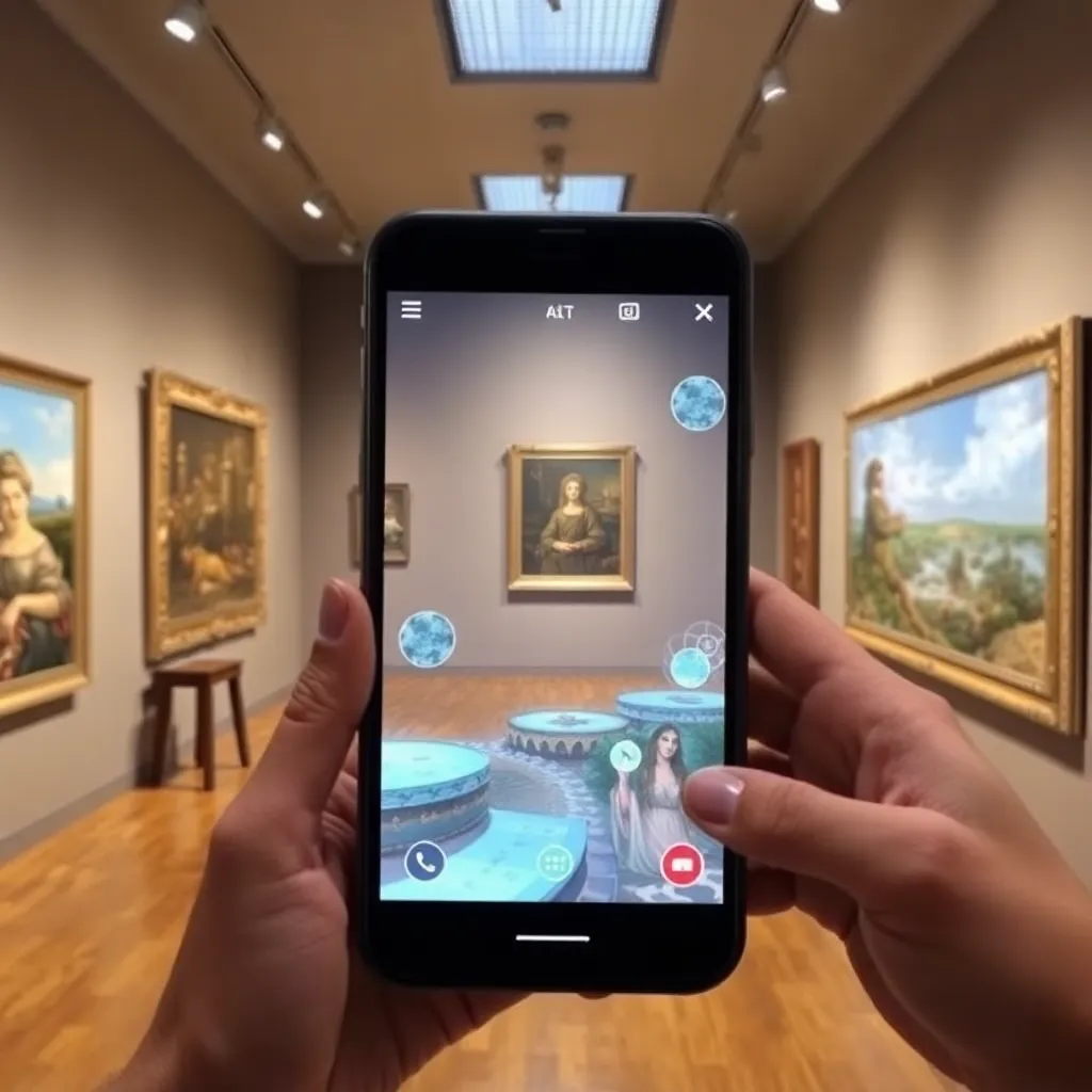 A person holds a smartphone displaying an augmented reality image of a painting in an art gallery, with original paintings visible in the background.