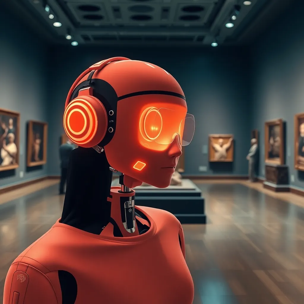 A red robot with headphones standing in an art gallery looking at paintings.