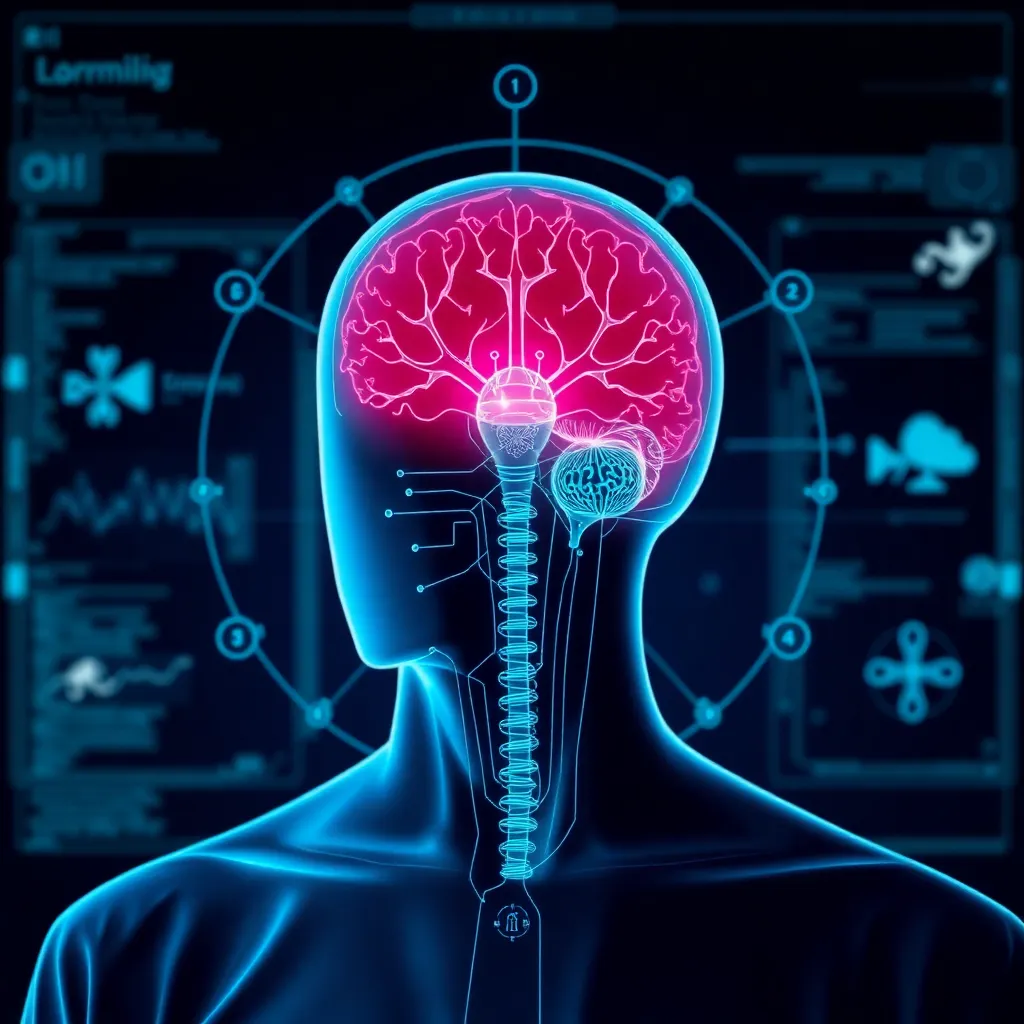 Conceptual illustration of a human figure with a highlighted brain, surrounded by digital lines and data points, against a dark blue background.