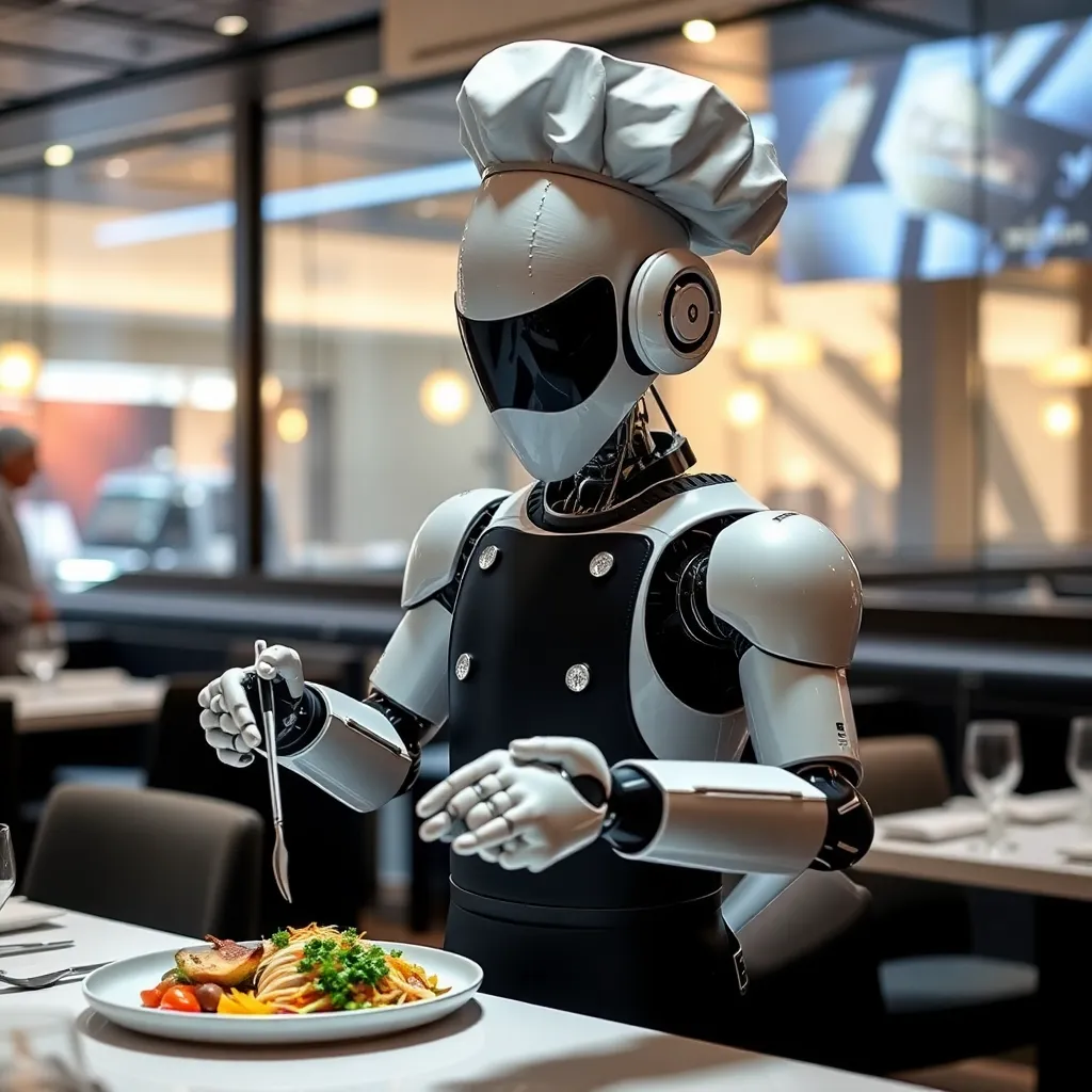 A white, humanoid robot wearing a chef's hat and apron serving a plate of food in a restaurant.