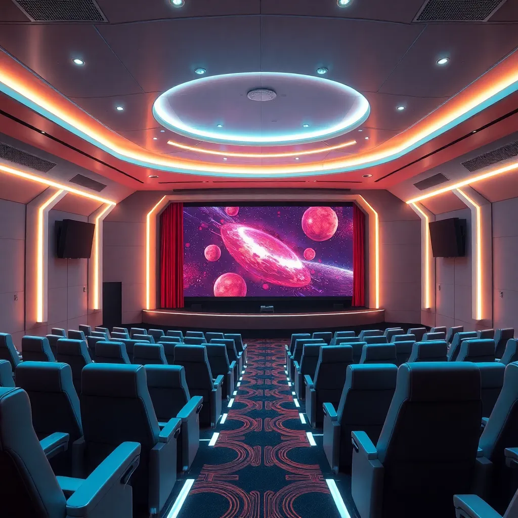 Modern movie theater interior with rows of empty seats facing a large screen displaying a microscopic view of red cells.