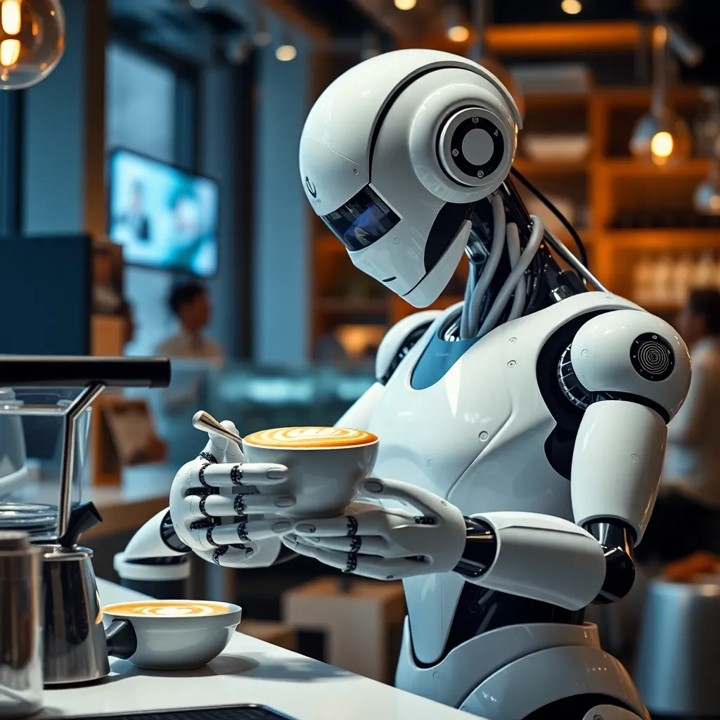 Robot barista making coffee in a futuristic cafe setting.