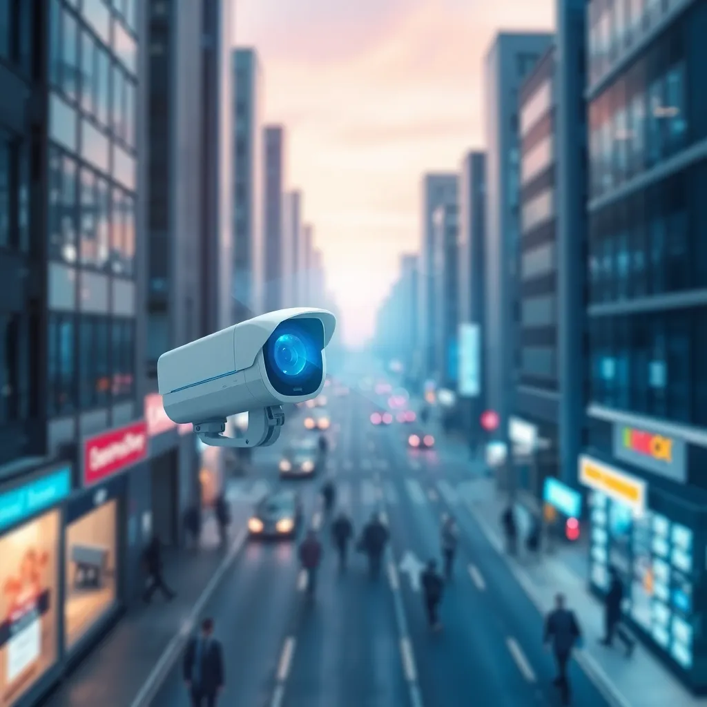 A security camera mounted on a building overlooking a busy city street with traffic and pedestrians.