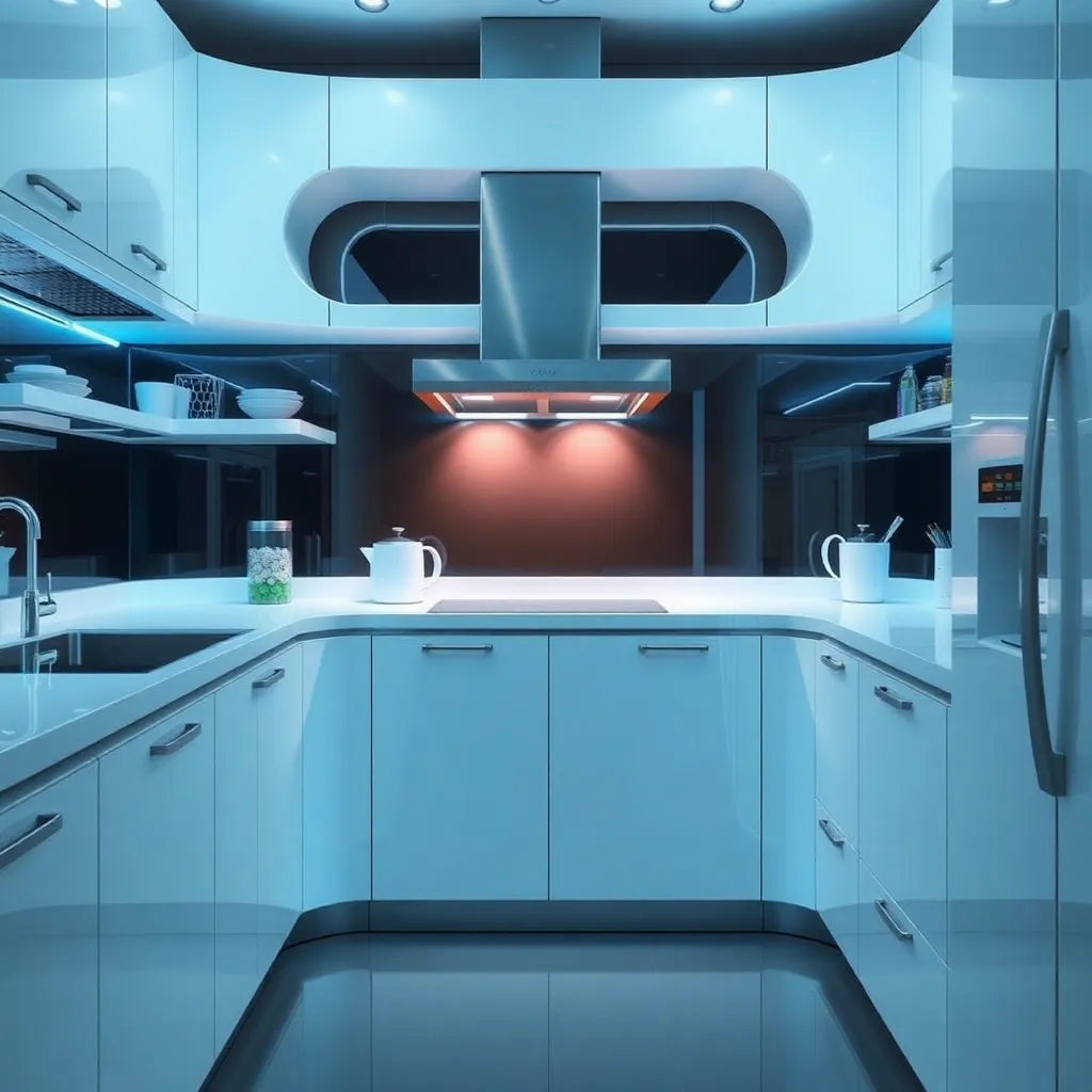 The interior of a spaceship with a clean, modern design, showing a kitchen or living area.