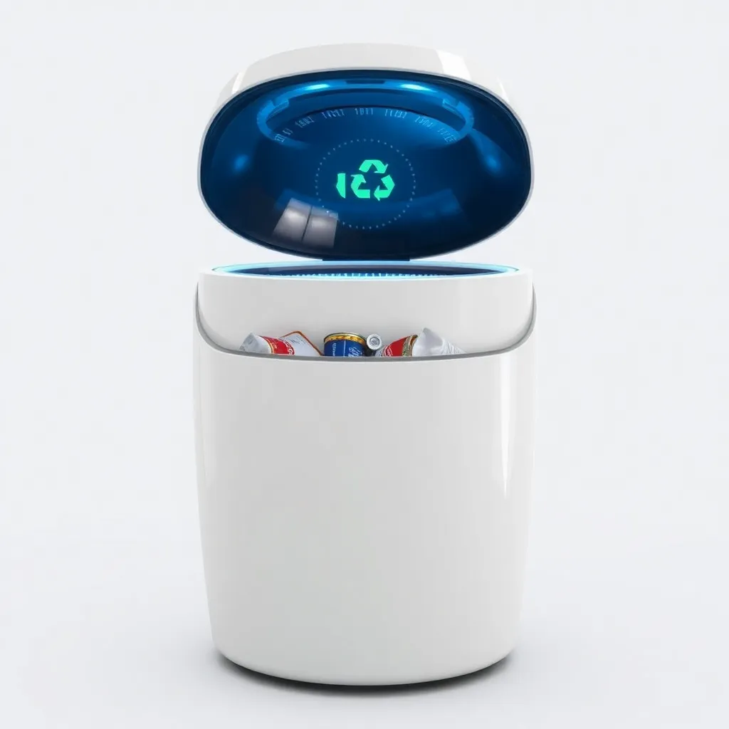 A white, cylindrical smart home device with a blue light and a screen displaying an icon.