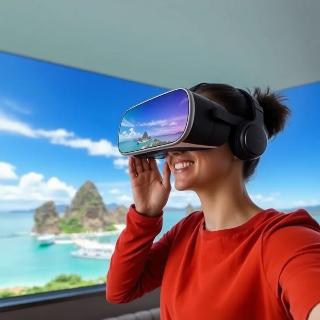 A person wearing a VR headset stands in a room, with a tropical beach scene visible through a window.