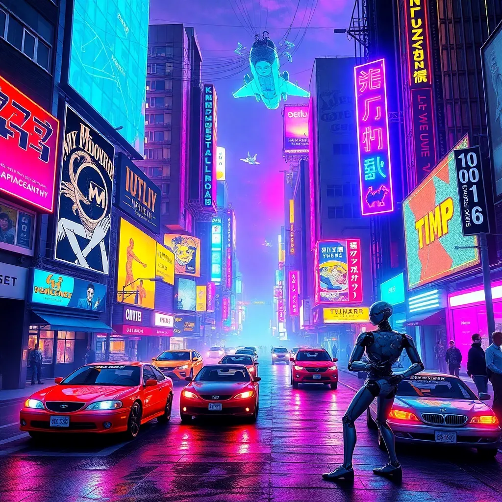 A busy city street at night with bright neon signs, traffic, and pedestrians.