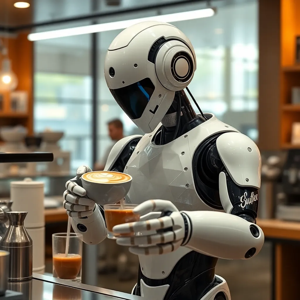 A white, humanoid robot making a cup of coffee at a counter with a coffee maker and cups.