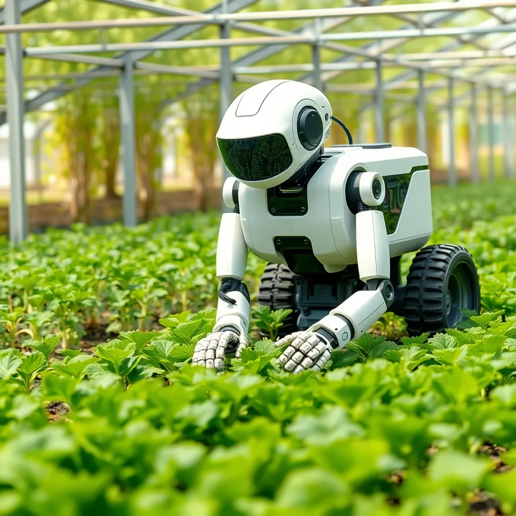 A humanoid robot tending to plants in a futuristic greenhouse.