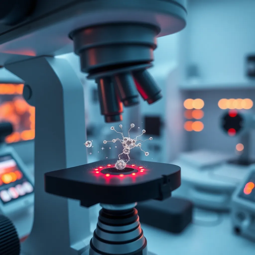 A microscope in a modern laboratory with blue and red lighting and blurred equipment.