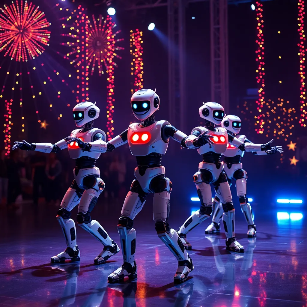 A group of robots silhouetted against a backdrop of fireworks.