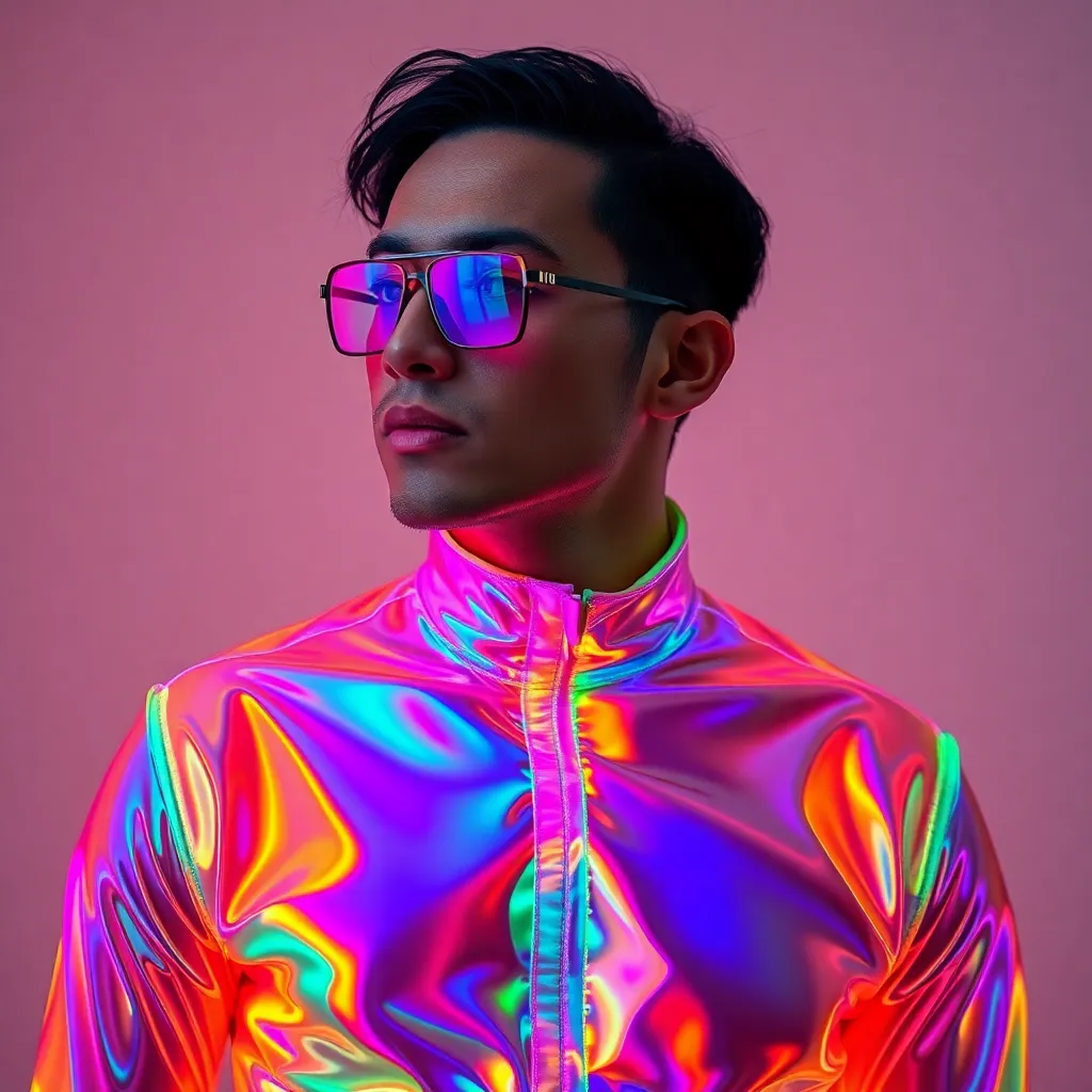 A man wearing a colorful, holographic jacket and glasses against a pink background.