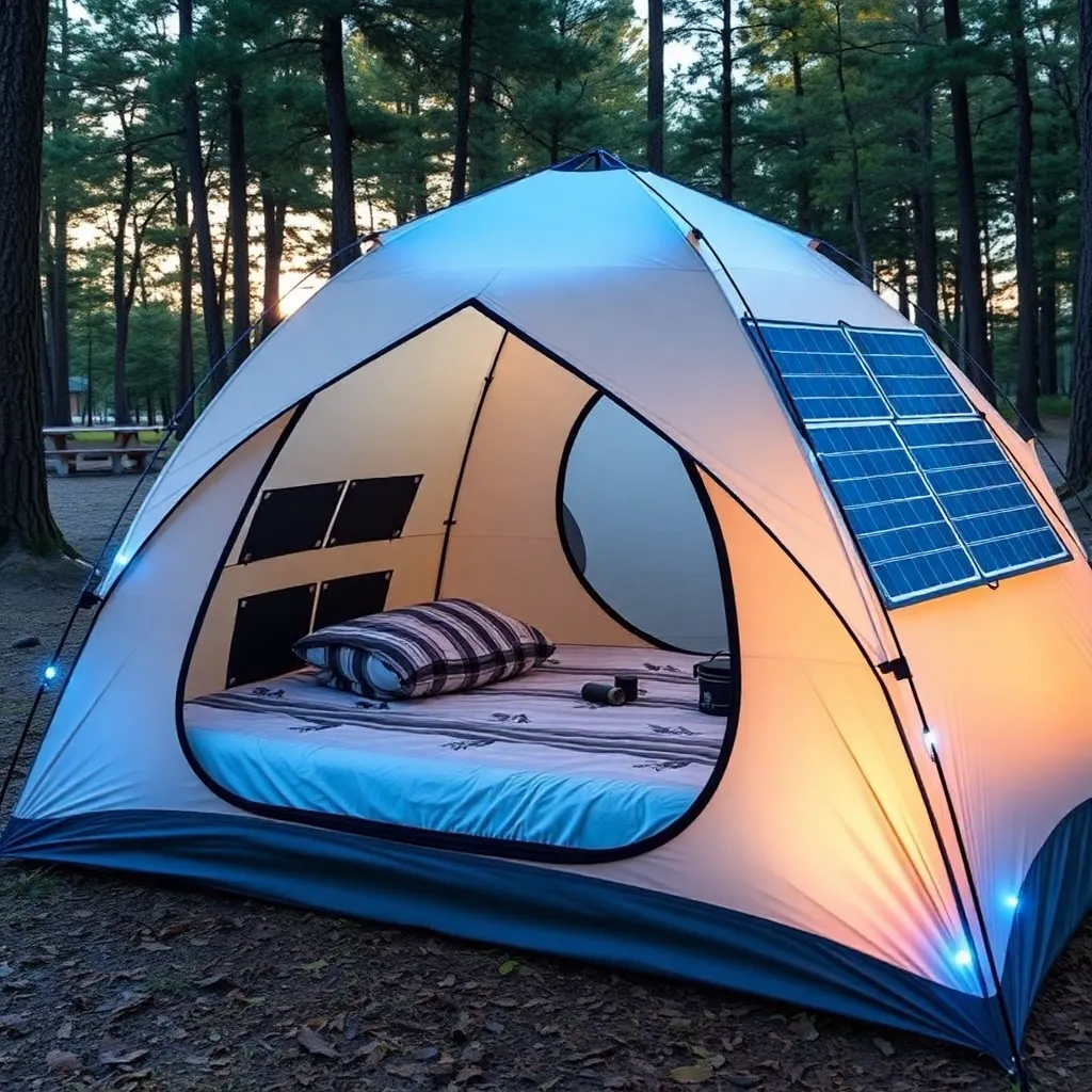 A tent with solar panels attached, possibly in a natural setting.