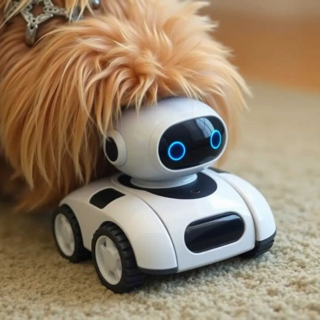 A small, white robot toy with blue eyes sitting on a beige carpet next to a furry dog.