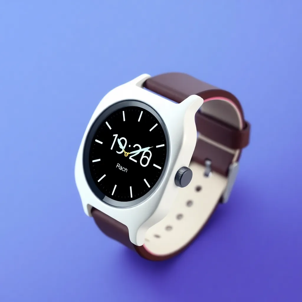 A smartwatch with a white band and a dark screen displaying the time and other information.