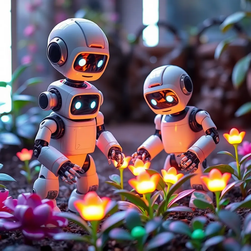 Three humanoid robots with glowing eyes standing amongst plants.