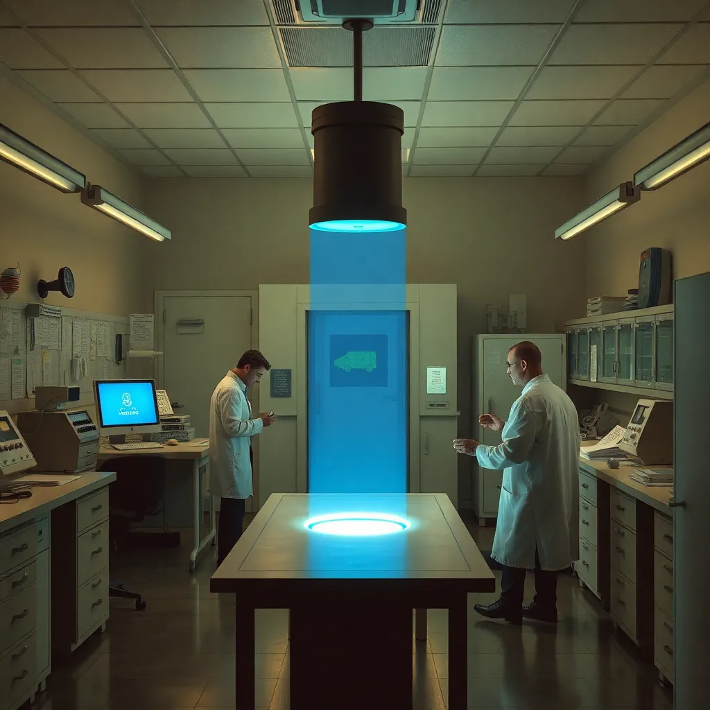 A modern laboratory with scientists working and a glowing blue cylinder in the center.