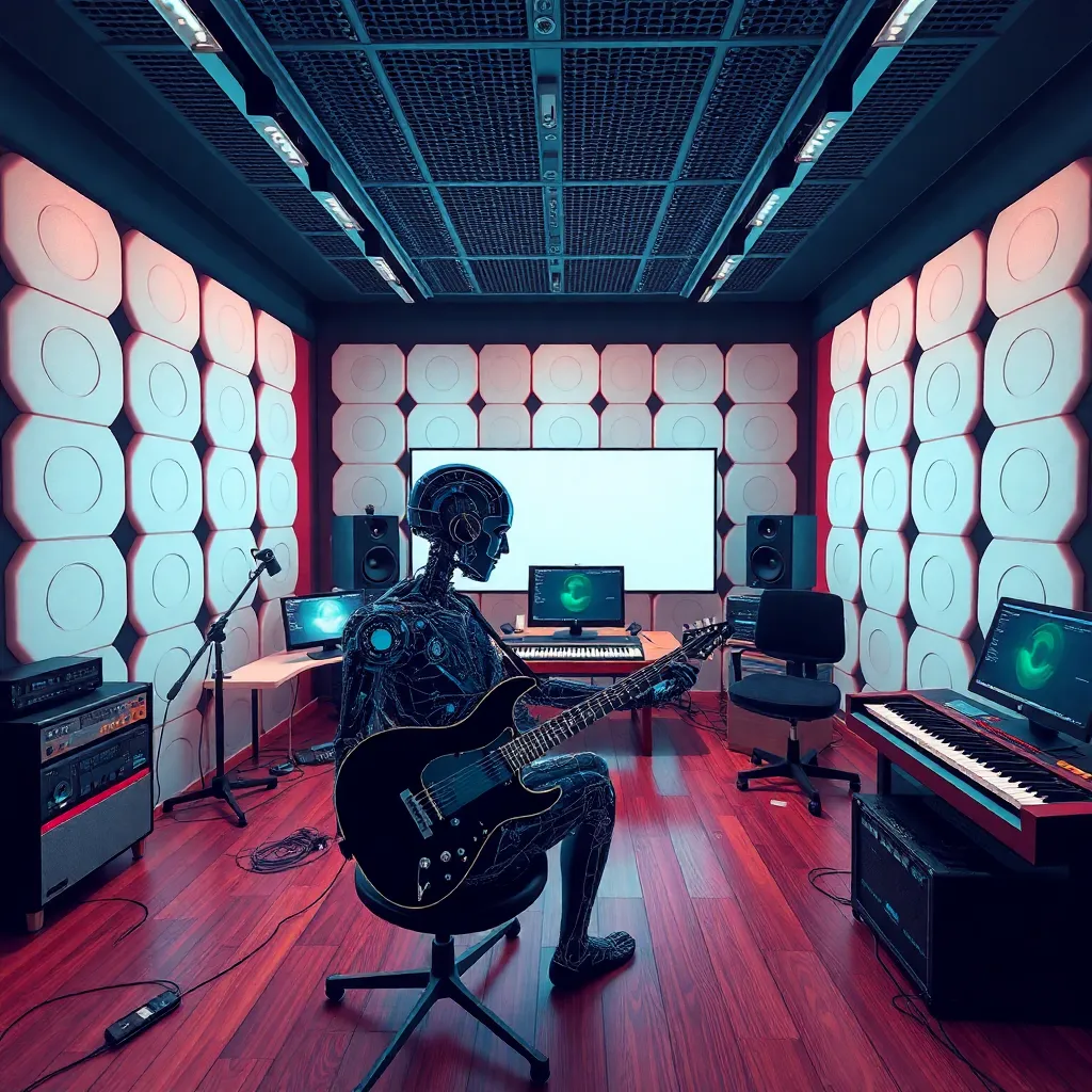 A futuristic meeting room with glowing panels and a person at a table.