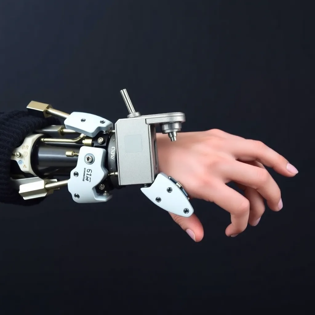 A metallic robotic hand gently grasping a human hand against a dark background.