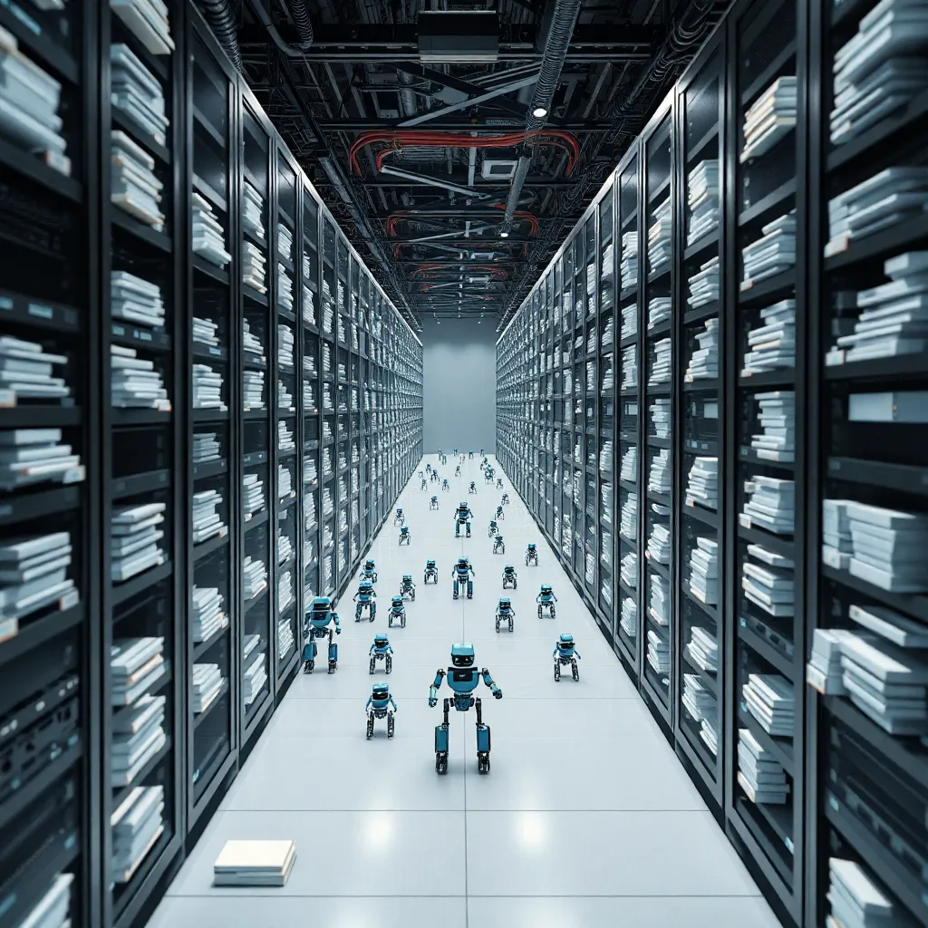 A vast data center with rows of computer servers and small figures working.AI powering cloud computing and data storage.