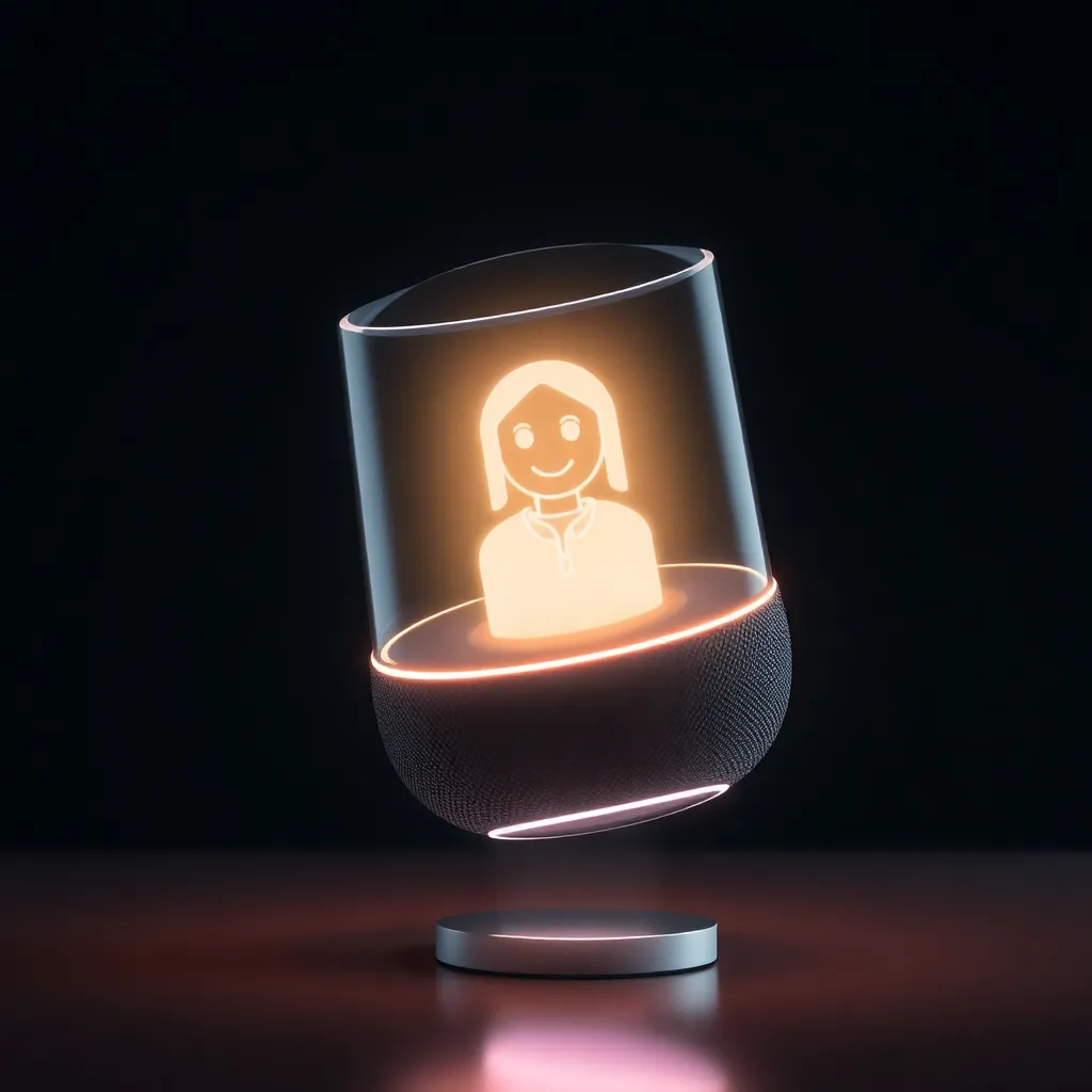 A futuristic device projecting a holographic image of a person against a dark background.