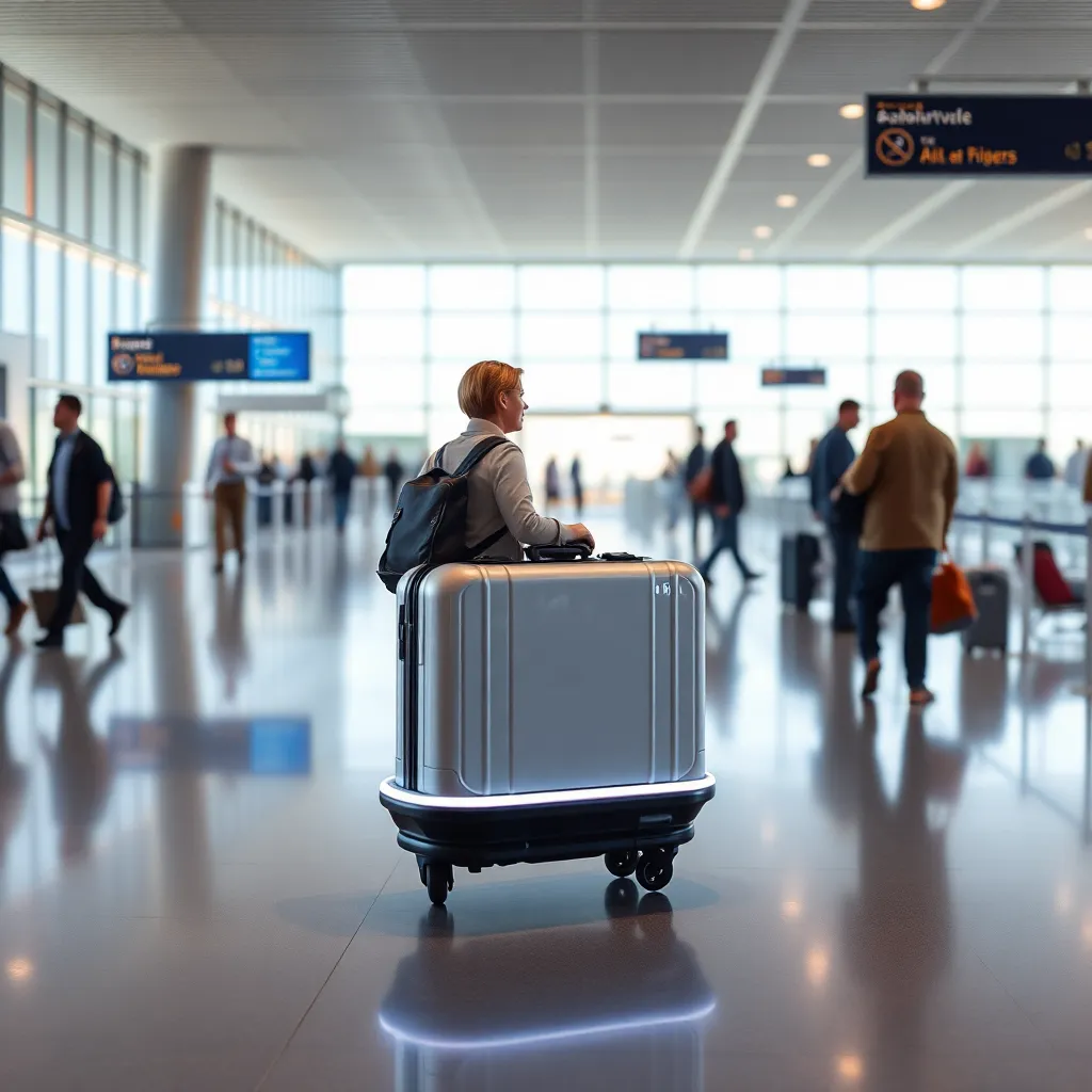 A person walking through an airport with a self-driving suitcase trailing behind.