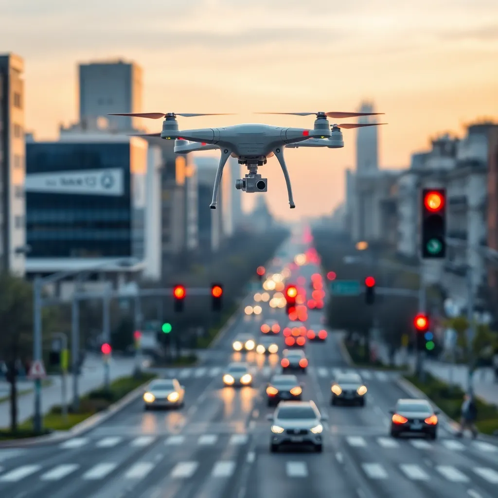 A drone flying above a busy city street with cars and buildings.