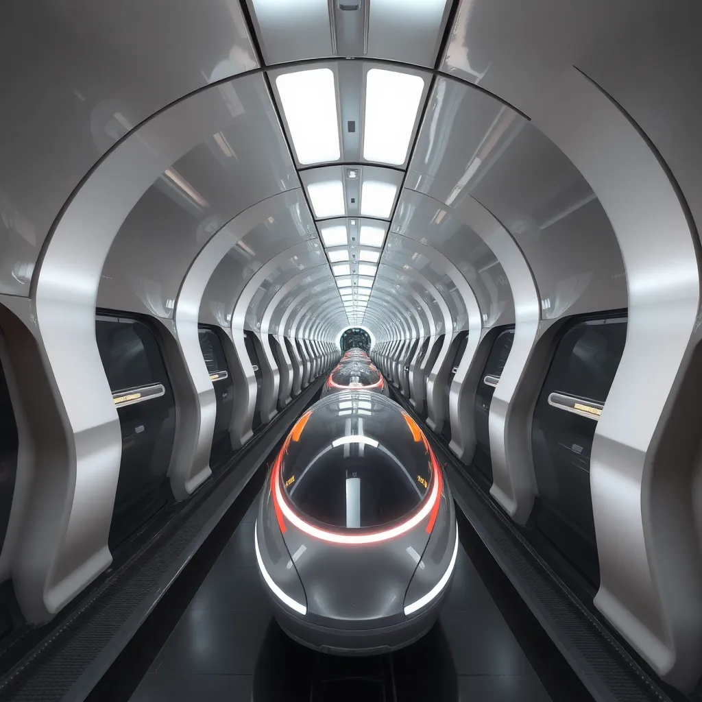 A futuristic train traveling through a bright, arched tunnel.