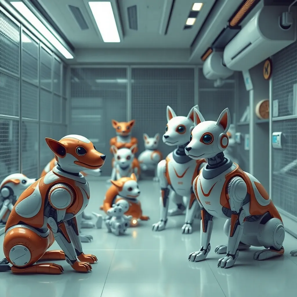 A group of robots working in a high-tech server room.