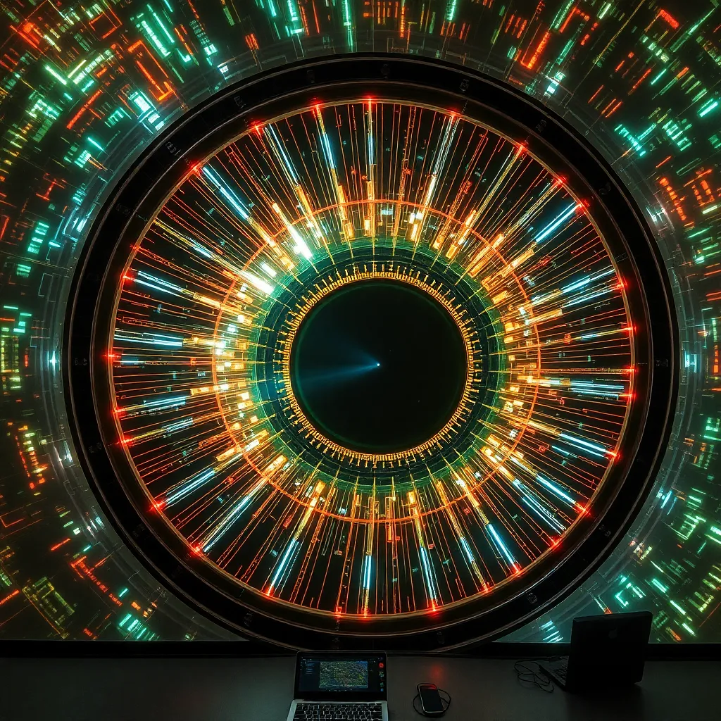 A close-up of an abstract eye with intricate colorful patterns and a central pupil.