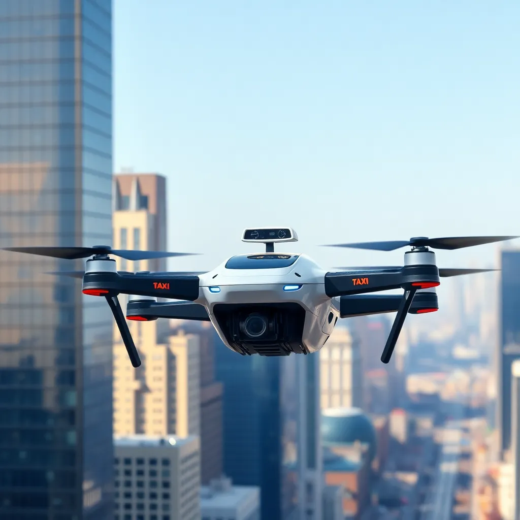 A drone flying over a futuristic cityscape.