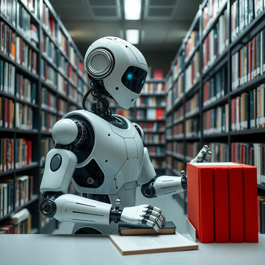 A friendly robot sitting in a library surrounded by books.