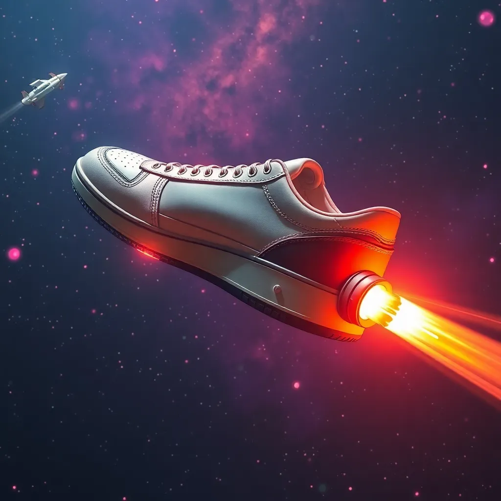 A sneaker-shaped rocket blasting off into space.