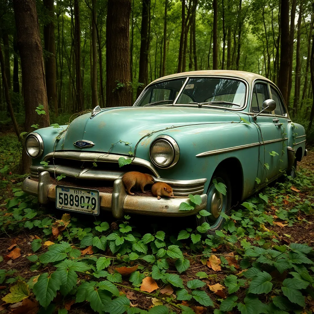 An old, abandoned car overgrown with plants in a forest.