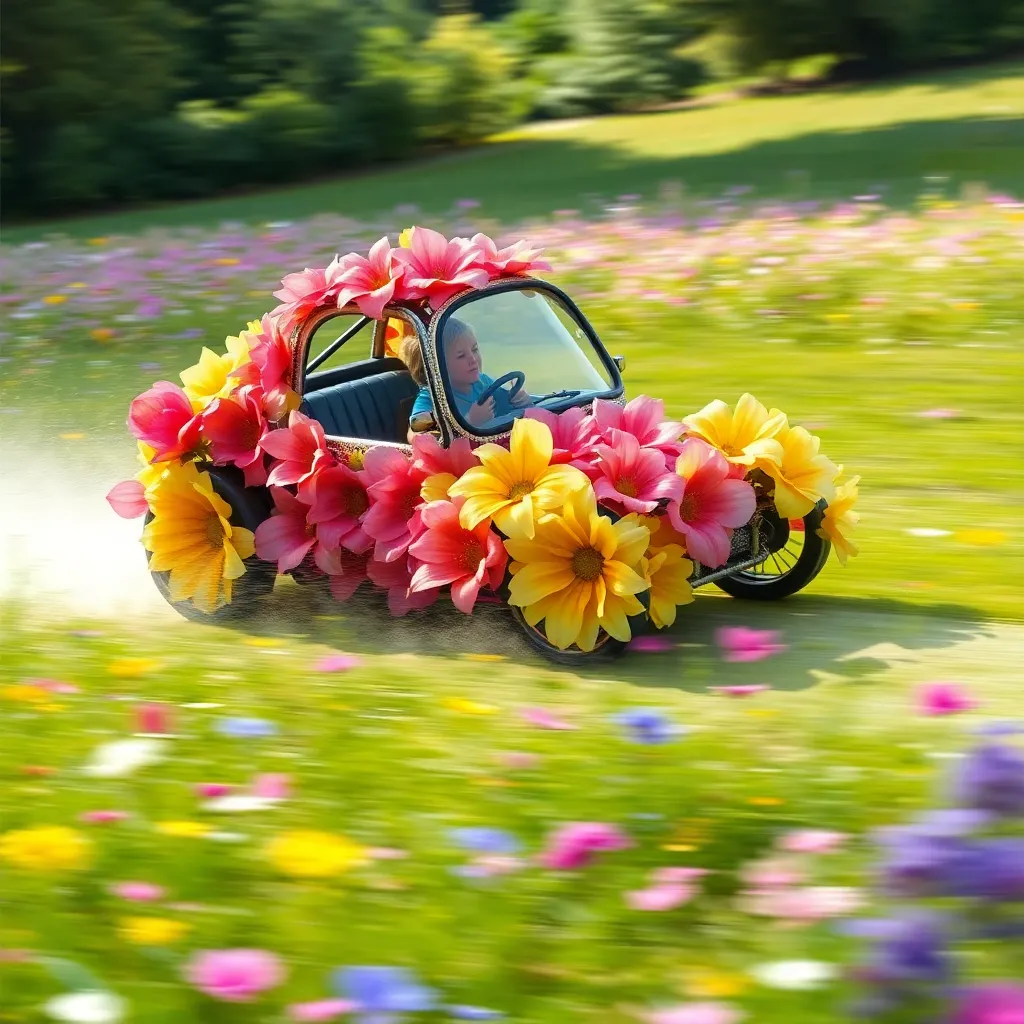 A car covered in colorful flowers driving through a field.