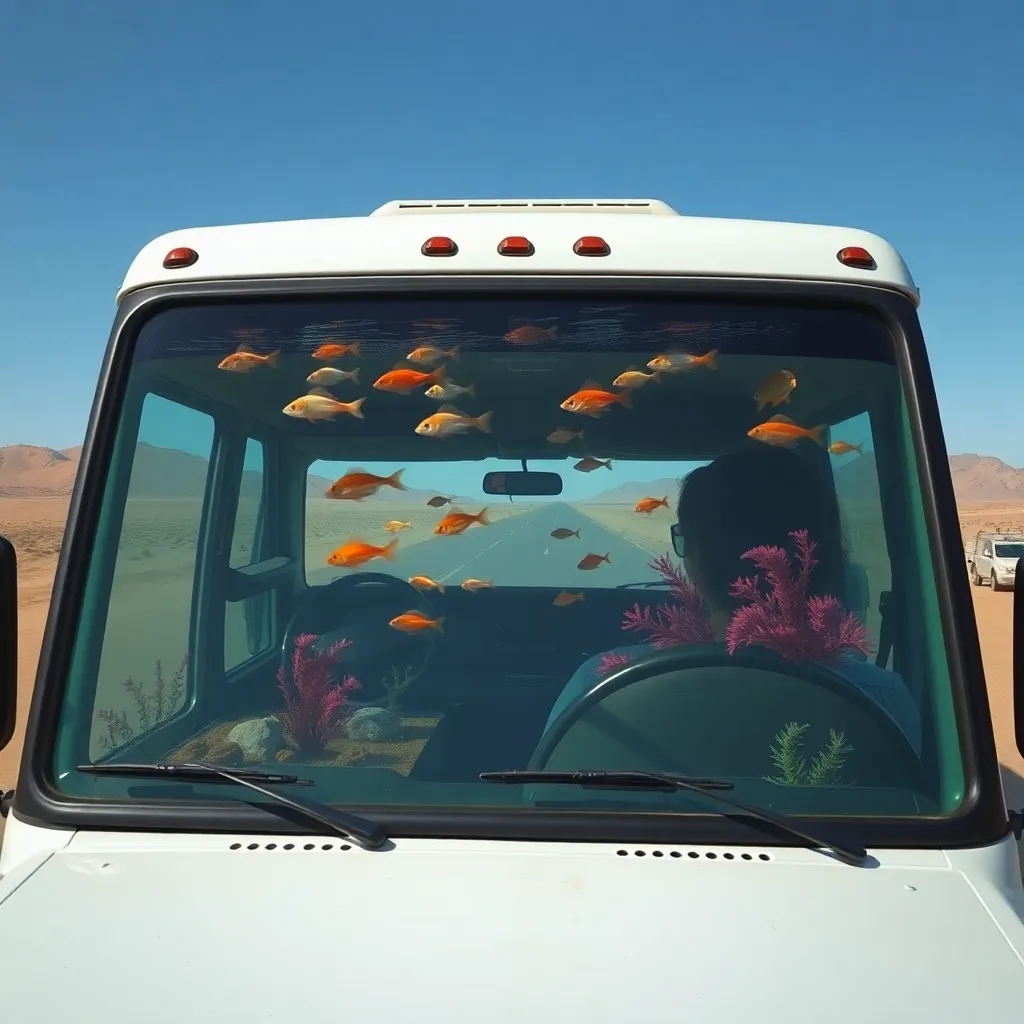 A car with a fish tank built into the windshield.