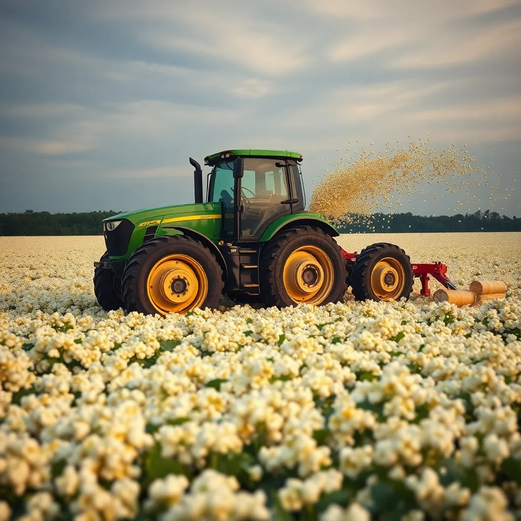 A tractor harvesting a field of yellow flowers.