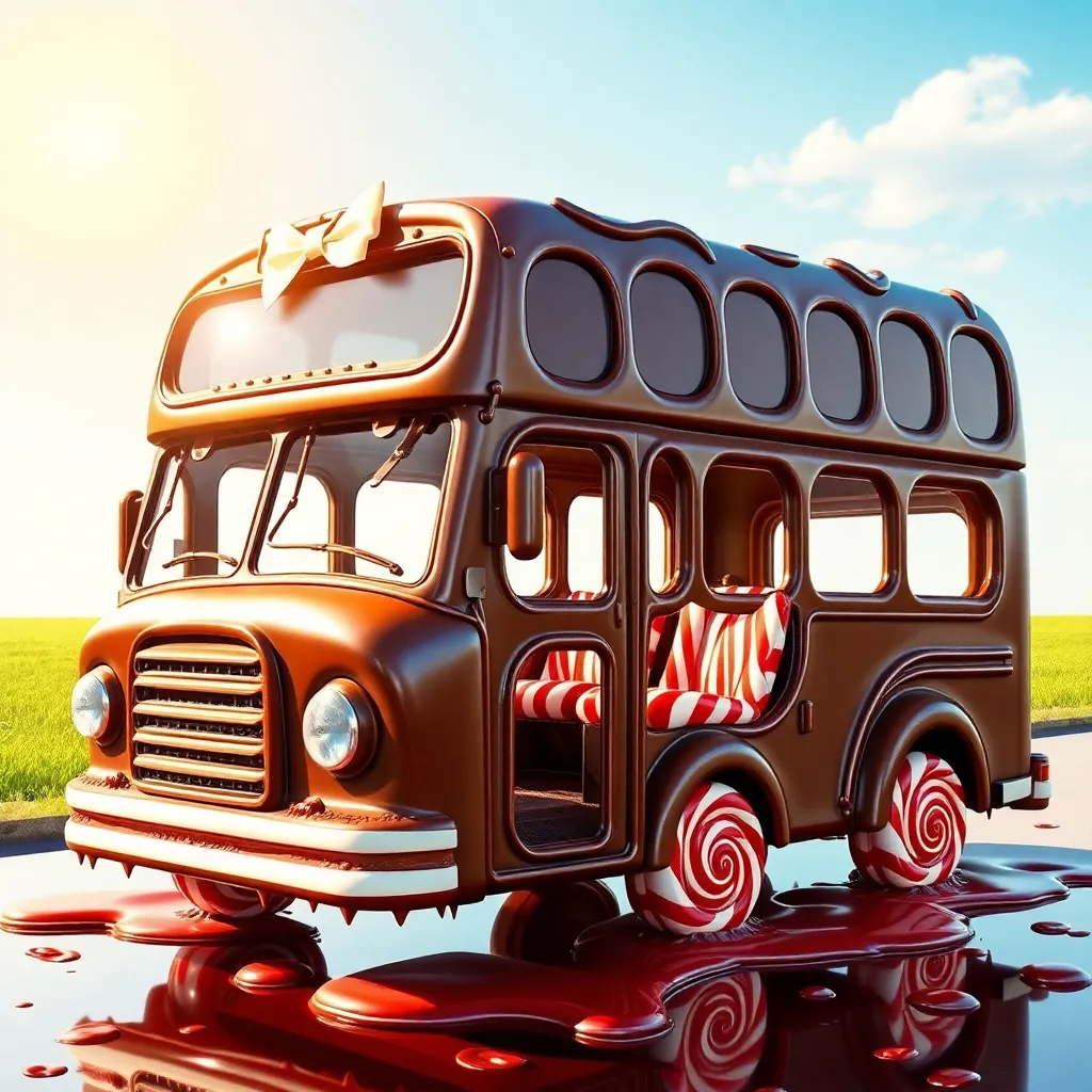 A chocolate bus with candy decorations.