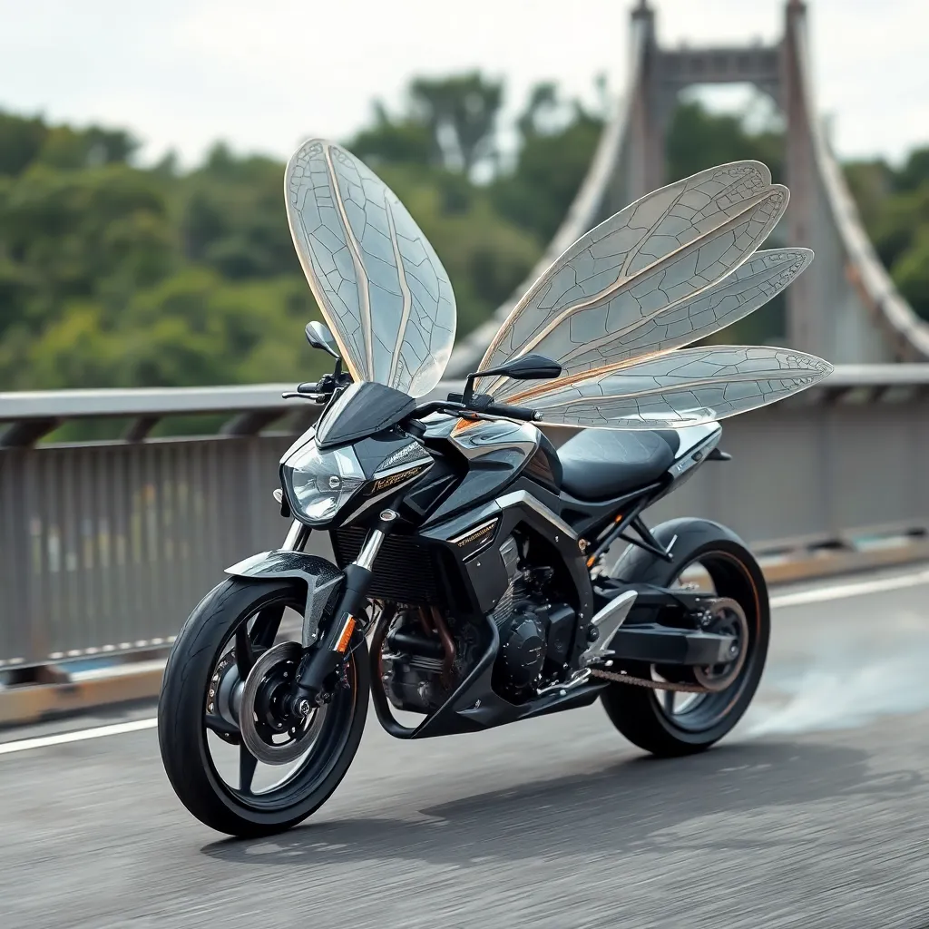 A motorcycle with wings flying over a bridge.