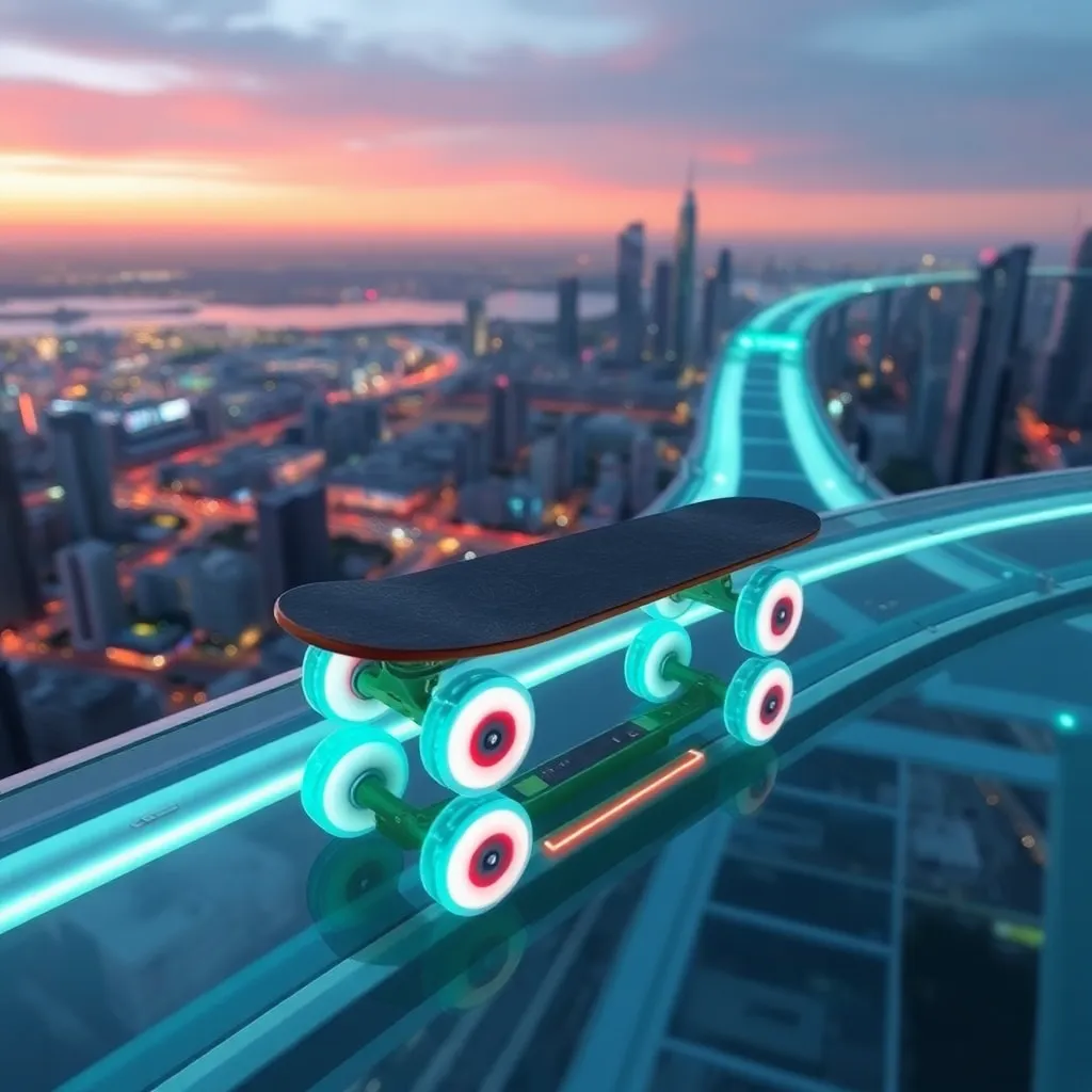 A skateboarder riding on a glowing track in a futuristic city.