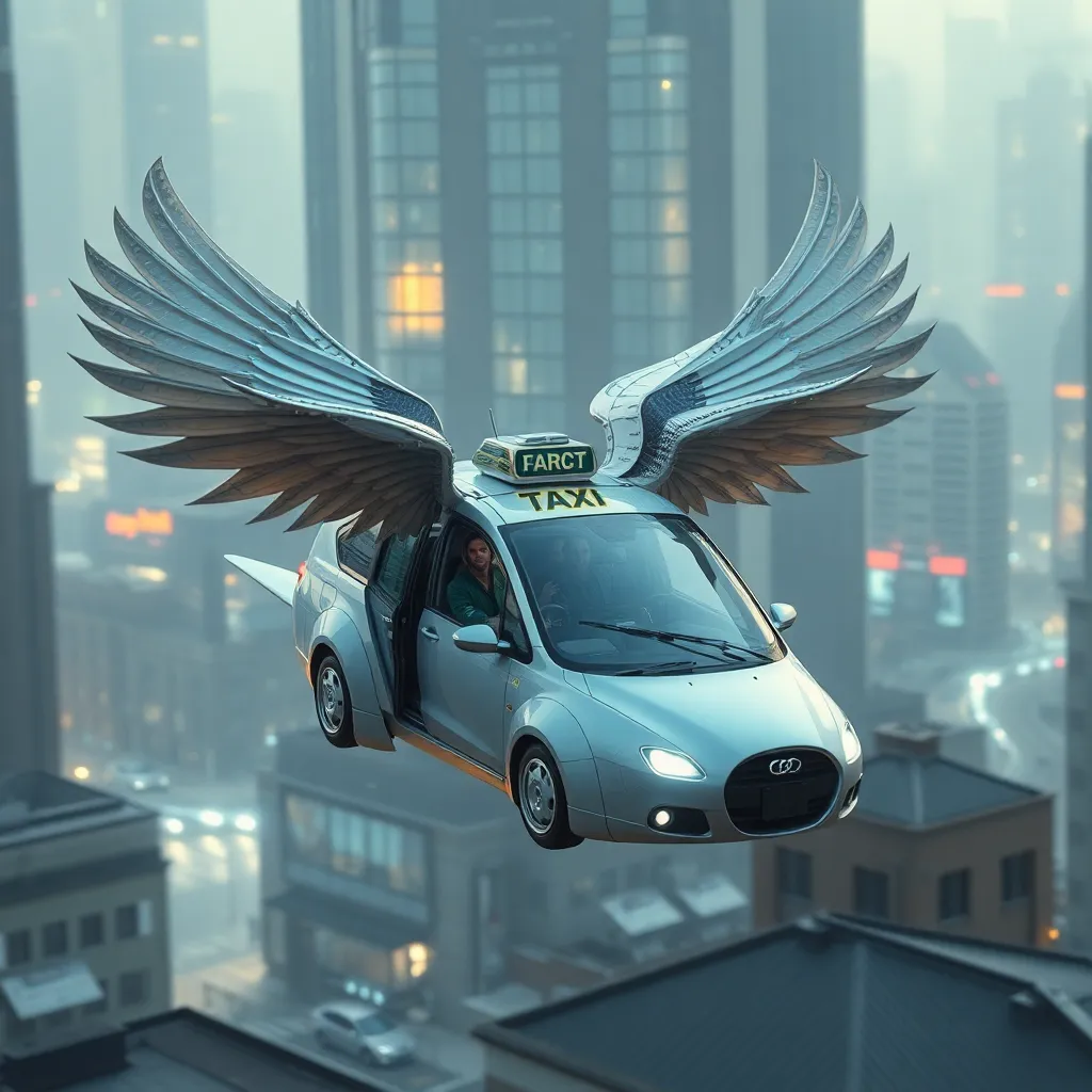 A flying car with wings soaring through a futuristic city.