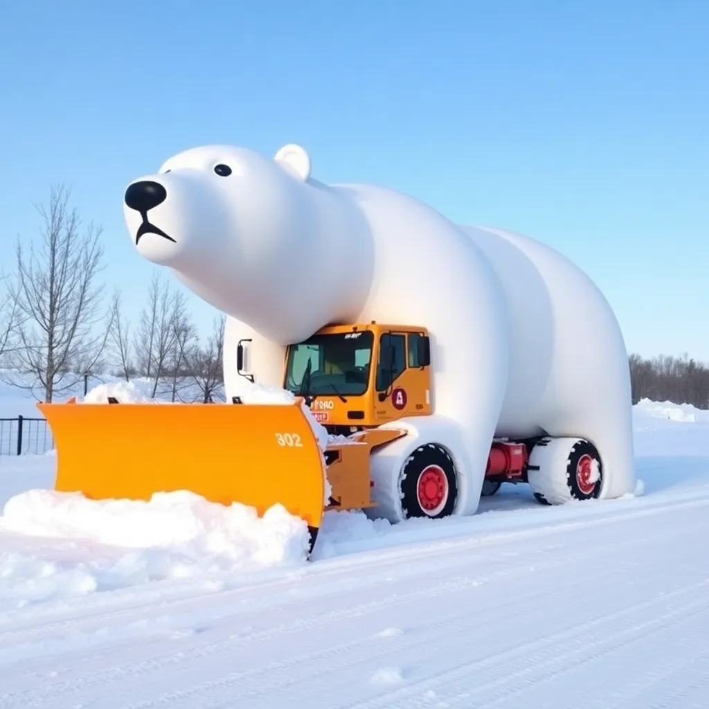 A polar bear driving a snow plow.