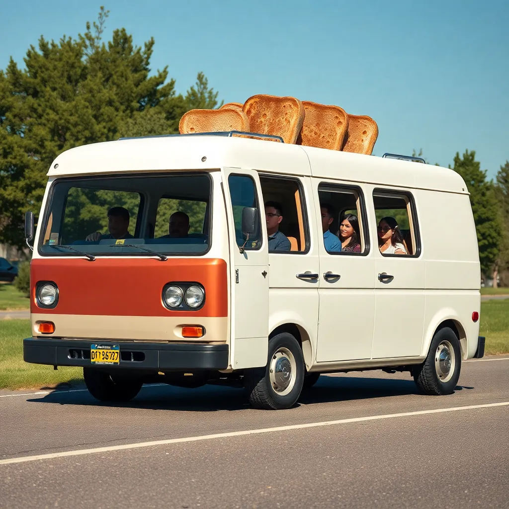 A van with loaves of bread on top.