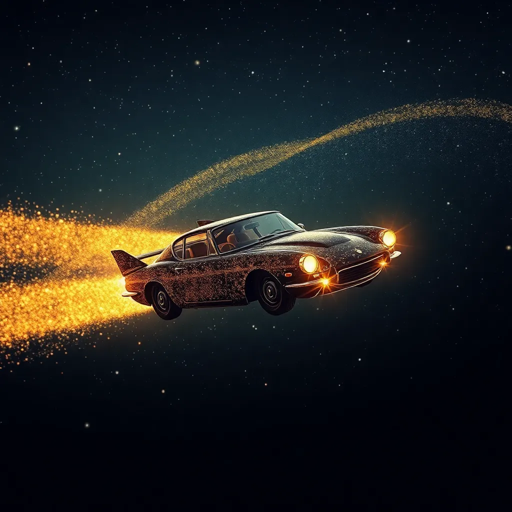 A retro-style rocket car flying through space.